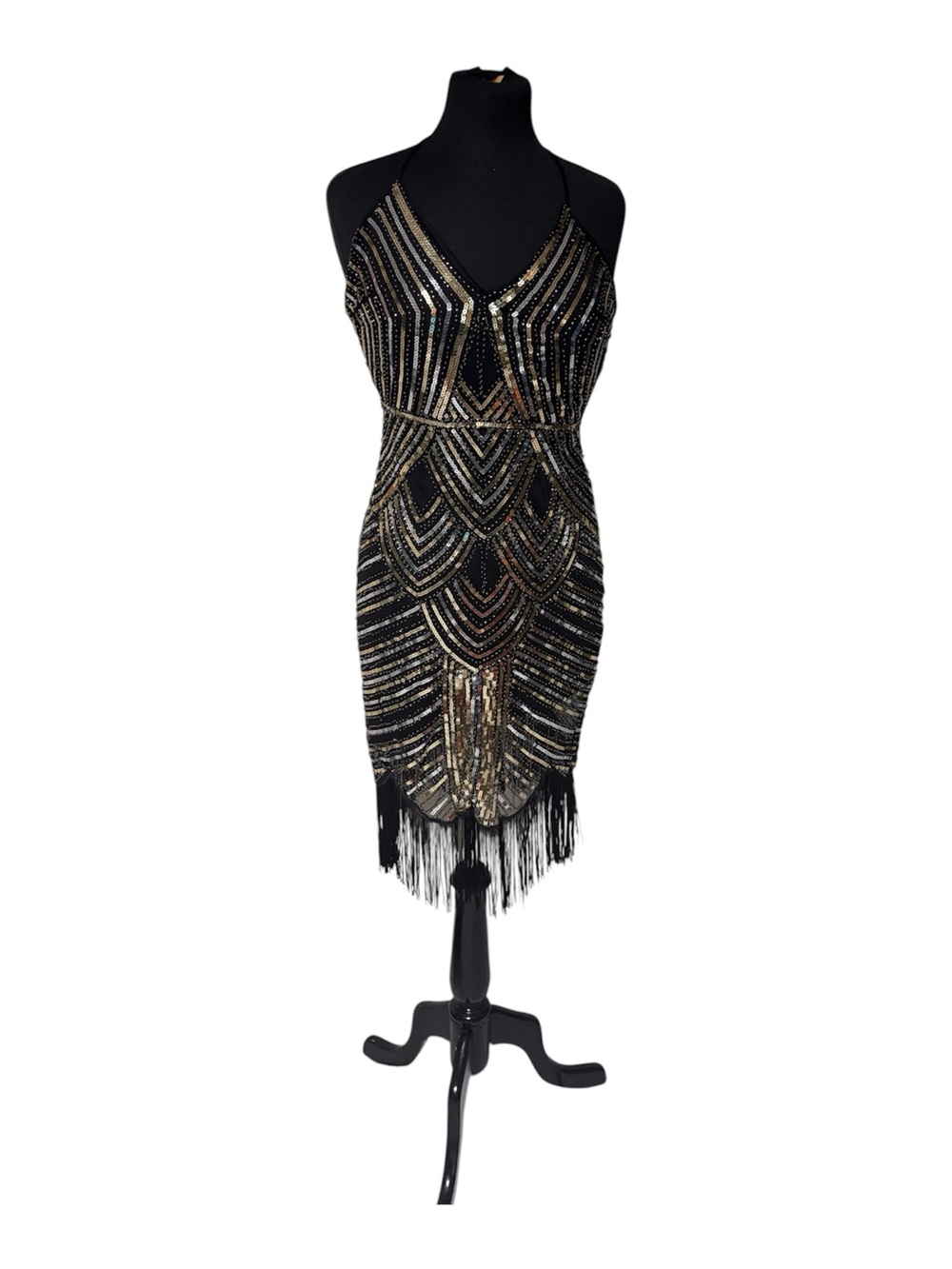 Black & Gold Beaded Fringe Cocktail Dress - Women